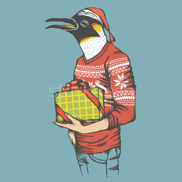 Pingwin christmas ludzi dar wektora Zdjęcia stock © leedsn