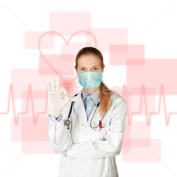 ストックフォト: 医師 · 女性 · 心電図 · タッチスクリーン · ビジネス · 医療