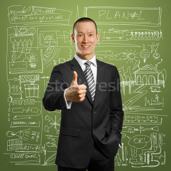 asian businessman in black suit shows well done Stock photo © leedsn