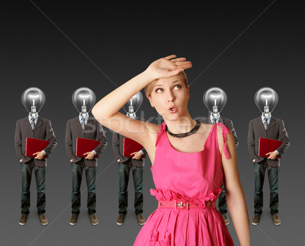 Stockfoto: Vrouw · lamp · hoofd · laptop · Rood