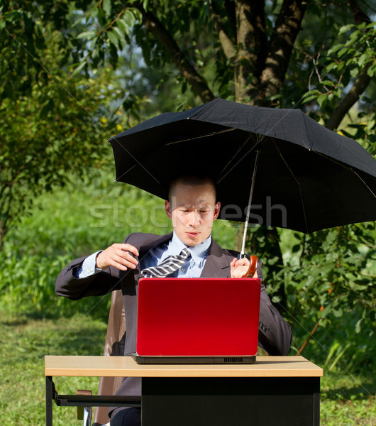 Zakenman werken buitenshuis freelance verbergen zon Stockfoto © leedsn