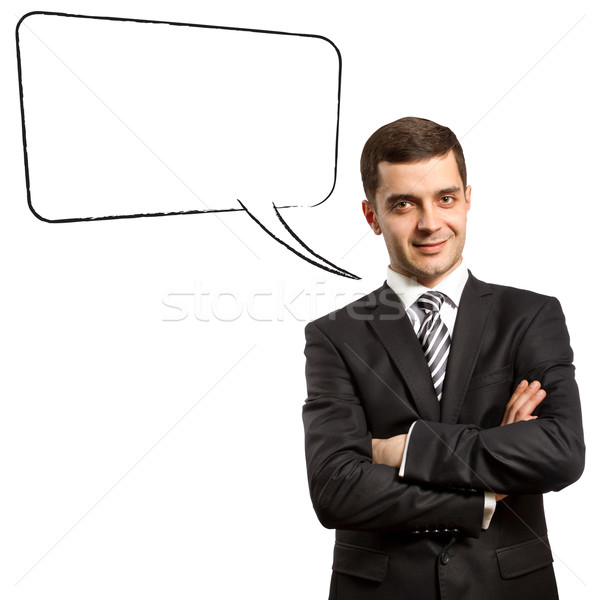 male in suit with crossed hands and thought bubble Stock photo © leedsn