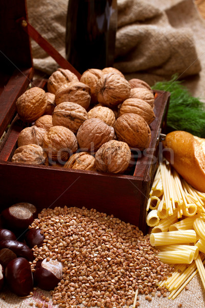 Stock photo: Still Life with Chest, Nuts, Pumpkin, Bread 