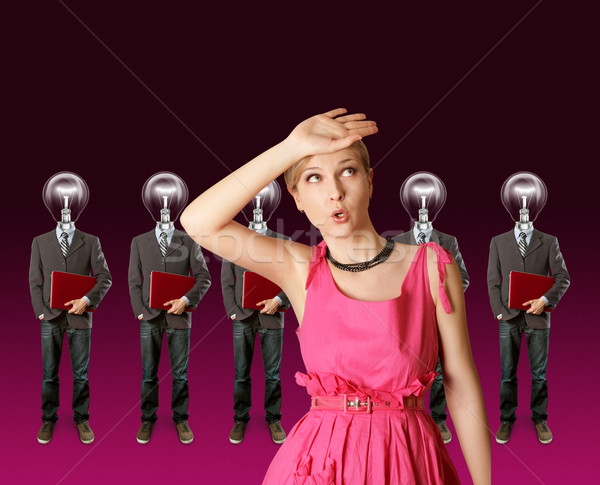 Stockfoto: Vrouw · lamp · hoofd · laptop · Rood