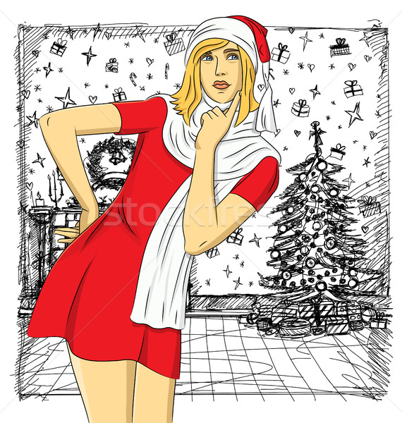 Stockfoto: Vector · vrouw · wachten · christmas · dragen