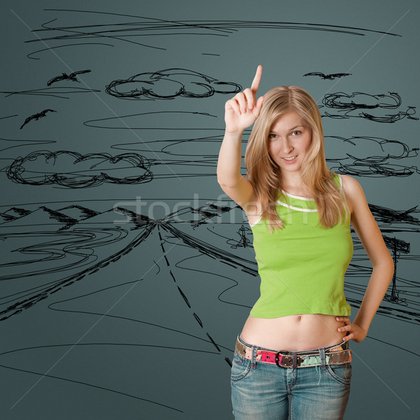 Jonge vrouw omhoog vinger mooie europese meisje Stockfoto © leedsn