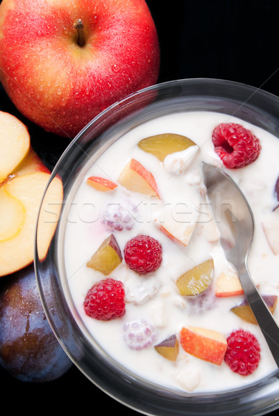 Foto stock: Yogurt · frutas · vidrio · tazón · mixto · frutas