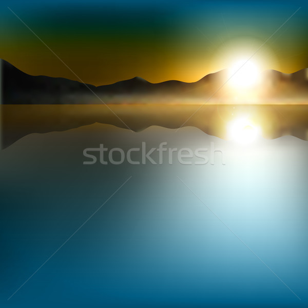 Stock fotó: Absztrakt · napfelkelte · hegyek · kék · tenger · víz