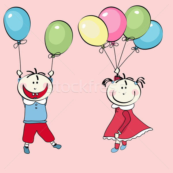happy little boy and little girl flying with the balloons Stock photo © lemony