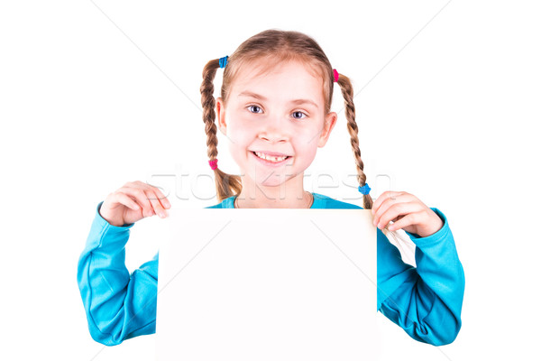 Stock foto: Lächelnd · kleines · Mädchen · halten · weiß · Karte · Probe