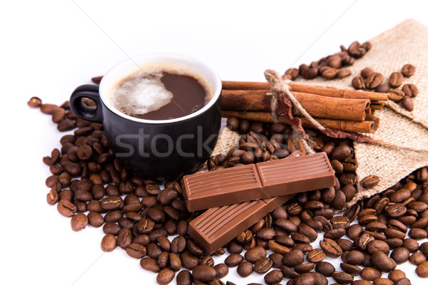 Tasse Kaffee Kaffeepause Kaffeebohnen Zimt weiß Stock foto © Len44ik