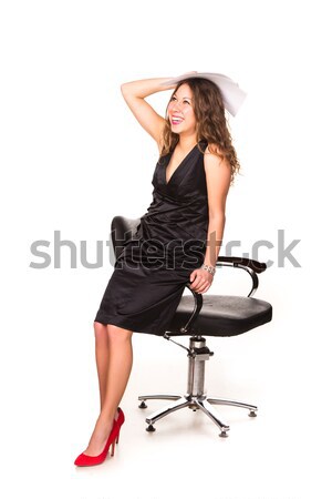 Schönen Geschäftsfrau tragen eleganten schwarzes Kleid rot Stock foto © Len44ik