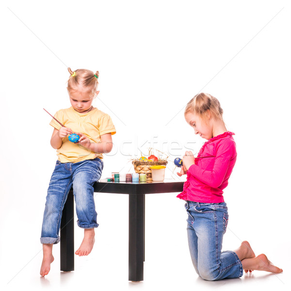 Deux heureux enfants peinture œufs de Pâques joyeuses pâques [[stock_photo]] © Len44ik