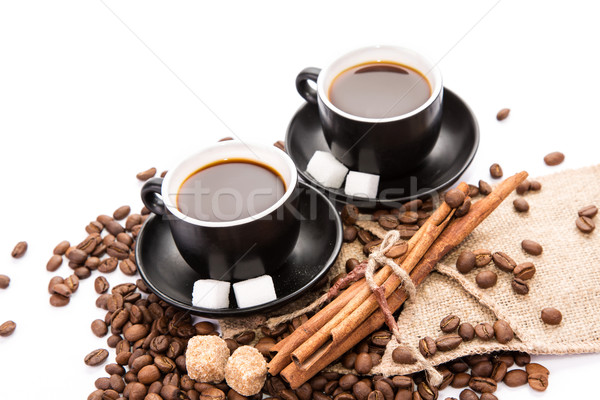 Tasse Kaffee Kaffeepause Kaffeebohnen Zimt weiß Stock foto © Len44ik