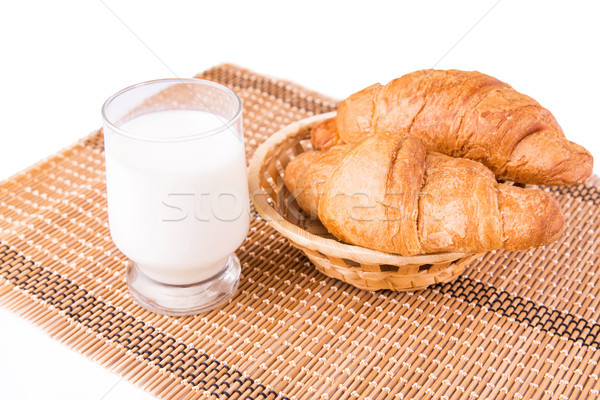 Fresh and tasty French croissants in a basket with glass of milk Stock photo © Len44ik