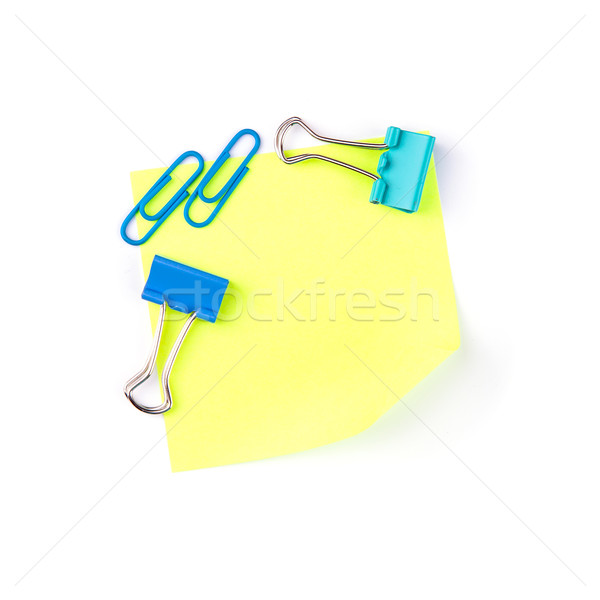 Neon yellow paper note with blue clips Stock photo © Len44ik