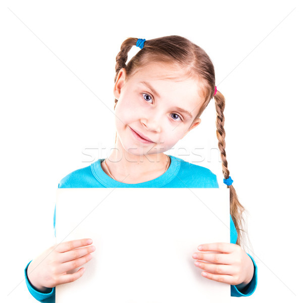 Stock foto: Lächelnd · kleines · Mädchen · halten · weiß · Karte · Probe
