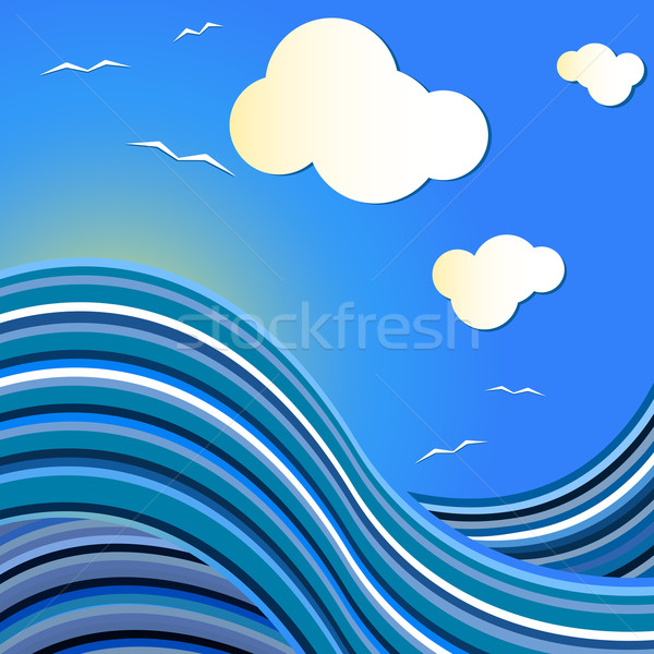 Blue sea vector drawing with flying gulls. Stock photo © lenapix