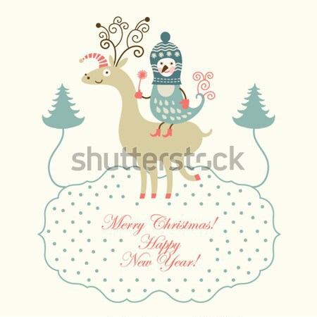 Stock photo: Cute deer and bird, greeting christmas card