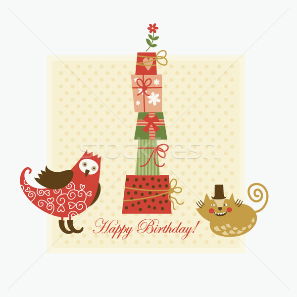 [[stock_photo]]: Carte · de · vœux · cute · oiseau · chat · heureux · coeur