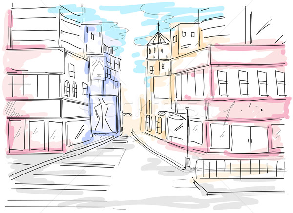 Városi jelenet illusztráció utca épületek modern rajz Stock fotó © lenm