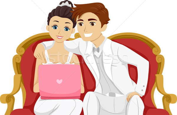 Foto stock: Recém-casados · laptop · ilustração · recém-casado · casal · algo