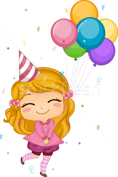 Foto stock: Aniversário · balões · ilustração · menina · feliz