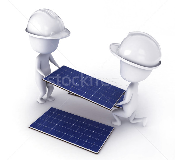 [[stock_photo]]: Panneau · solaire · 3d · illustration · hommes · travaux