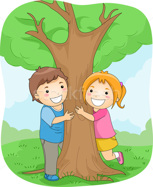 商业照片: 孩子们 · 拥抱 ·树· 插图 · 男孩 · 女孩