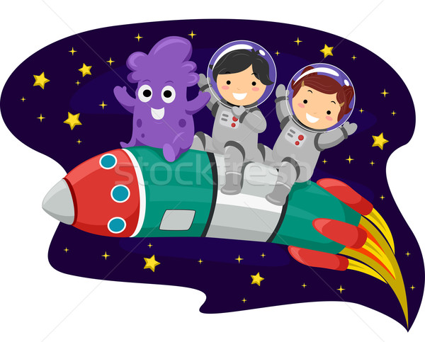 Kinder Rakete Illustration fremden Reiten Raum Stock foto © lenm
