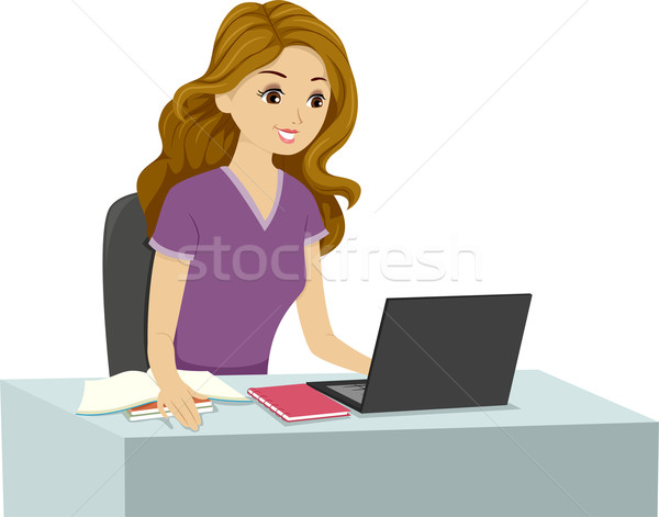 Studium Mädchen Illustration Lesung etwas Laptop Stock foto © lenm
