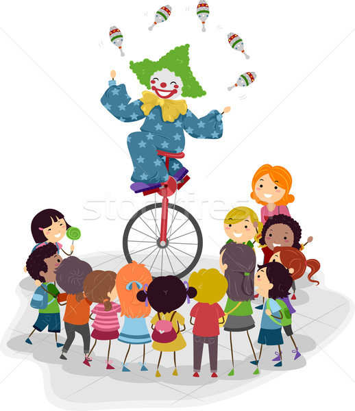 Stock fotó: Egykerekű · bicikli · bohóc · illusztráció · lovaglás · gyerekek · gyermek