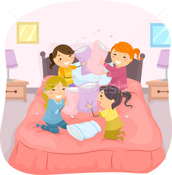 Enfants bataille d'oreillers filles illustration fête fille [[stock_photo]] © lenm