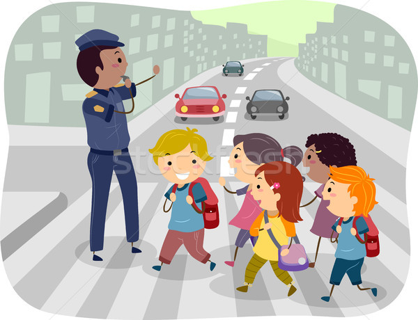 vector illustration of a schoolchildren crossing the road with the help of  the police 7414877 Vector Art at Vecteezy