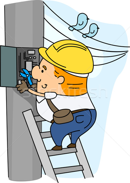 [[stock_photo]]: électricien · illustration · travaux · Emploi · Guy · échelle