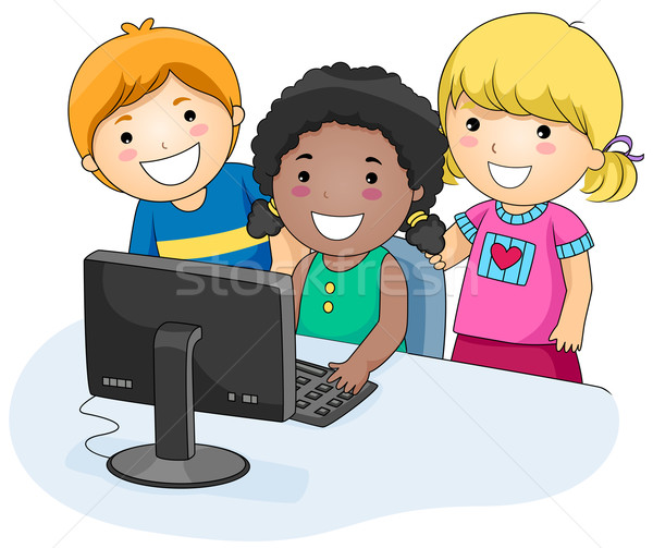 Calculator copii grup mic copii tehnologie Imagine de stoc © lenm