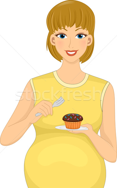 Terhesség illusztráció terhes kaukázusi eszik minitorta Stock fotó © lenm