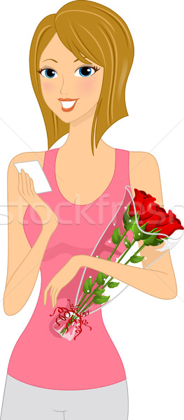 Lány tart virágcsokor illusztráció virágok szeretet Stock fotó © lenm