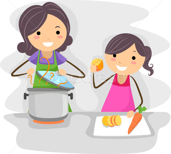 Familie găti ilustrare mamă fiica gătit Imagine de stoc © lenm
