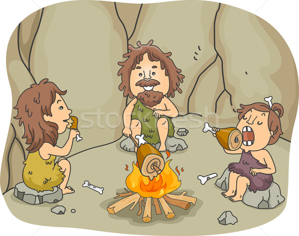 Caveman familie masă ilustrare mananca carne Imagine de stoc © lenm