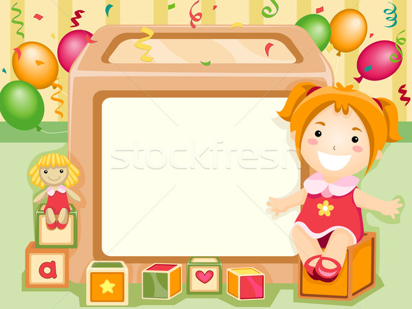 Buli meghívó gyerek ül vmi mellett tábla léggömbök Stock fotó © lenm