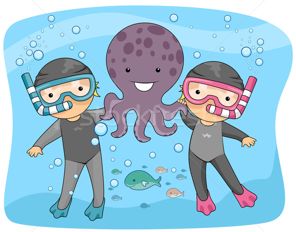 Foto stock: Crianças · brincando · polvo · ilustração · subaquático · cena · crianças