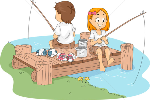 Stockfoto: Kamp · vissen · illustratie · kinderen · meisje · kinderen