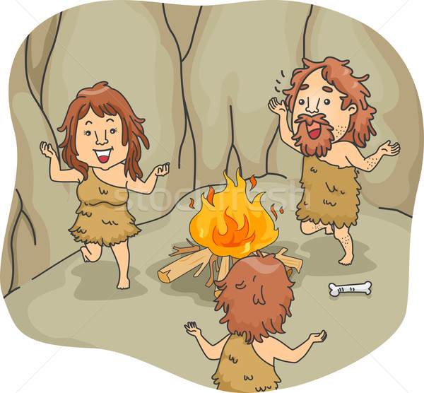 Caveman familie dans ilustrare Dansuri in jurul Imagine de stoc © lenm