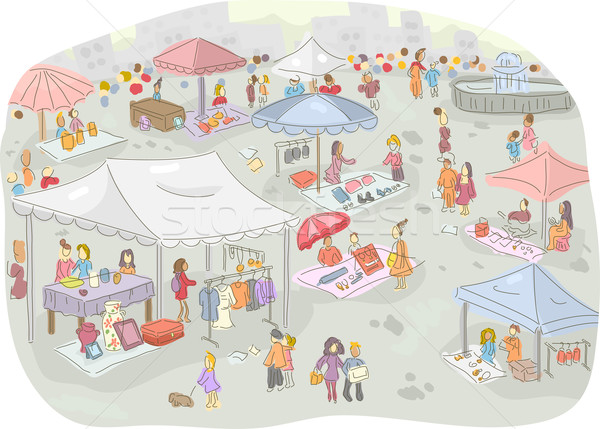 Flea market ilustrare oameni afara cumpărături piaţă Imagine de stoc © lenm