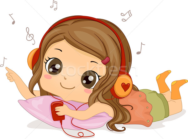 [[stock_photo]]: Musique · fille · illustration · écouter · de · la · musique · casque · Kid