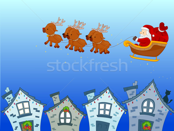 Christmas scène kleurrijk illustratie kerstman paardrijden Stockfoto © lenm