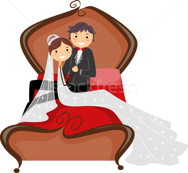 Esküvő ágy illusztráció friss házas pár ülő Stock fotó © lenm