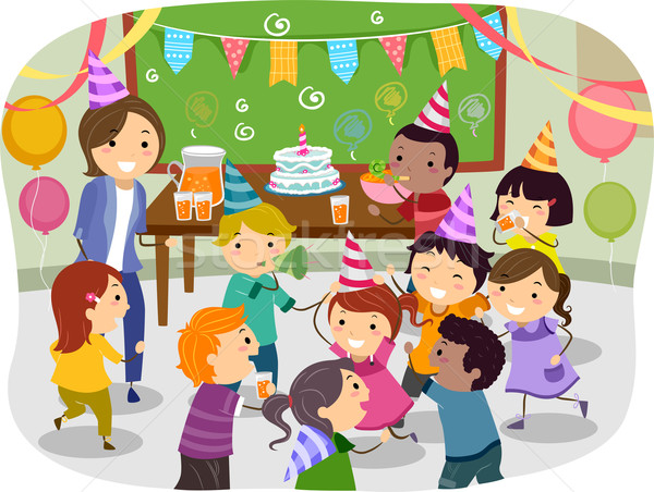 Foto stock: Crianças · escolas · festa · de · aniversário · ilustração · menina · festa