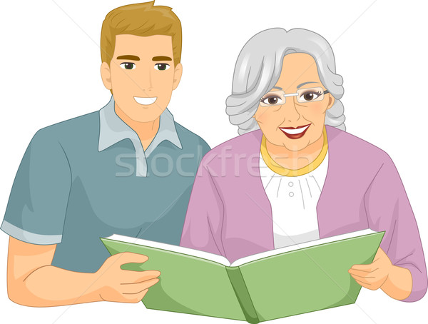 Senior Woman Caregiver Grandson Book Stock photo © lenm